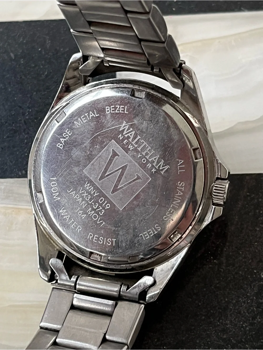 Mens Waltham Quartz Black Dial Tachymeter Date 100M Steel Bracelet 41mm Working